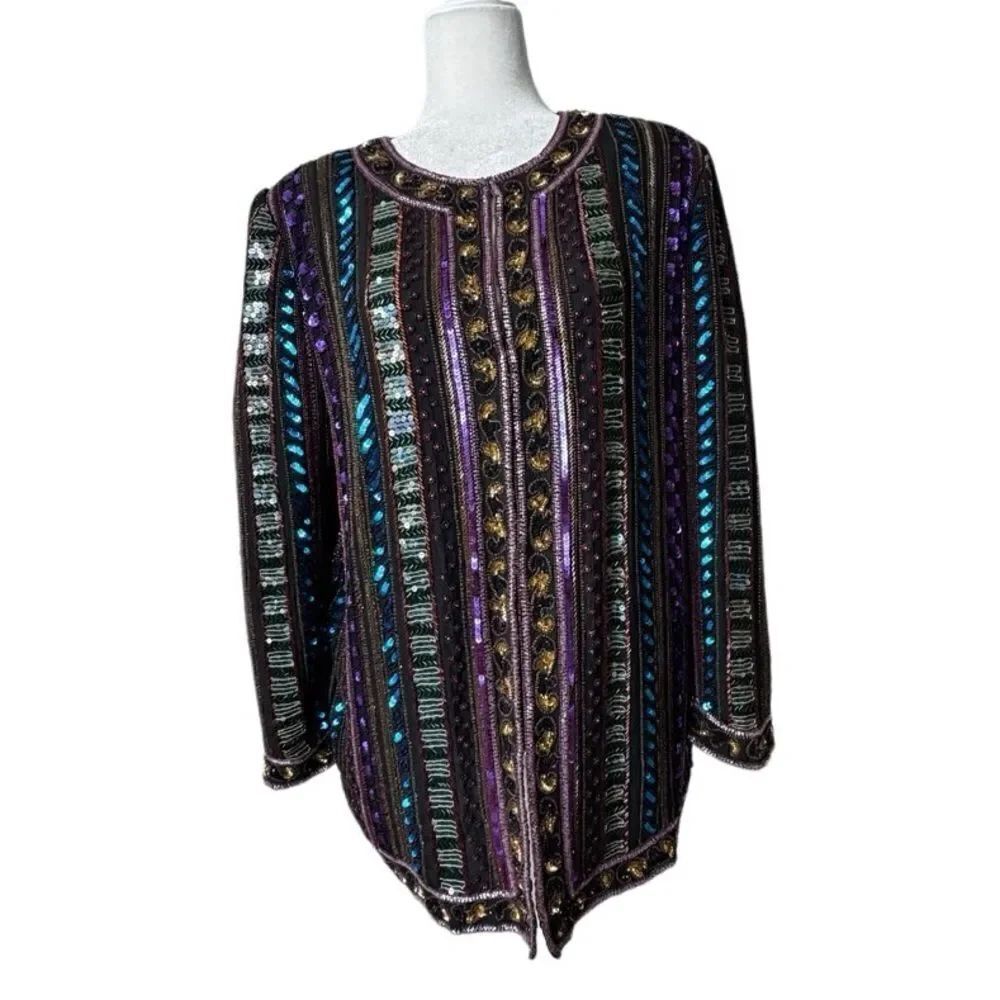 Vintage Niteline Della Roufogalo Beaded Jacket 100% Silk Sequins SZ M